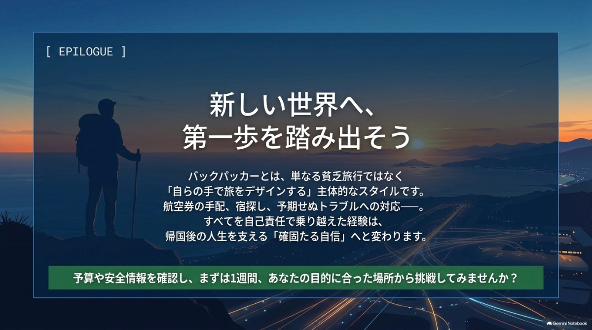 バックパッカーの挑戦を応援する総括スライド