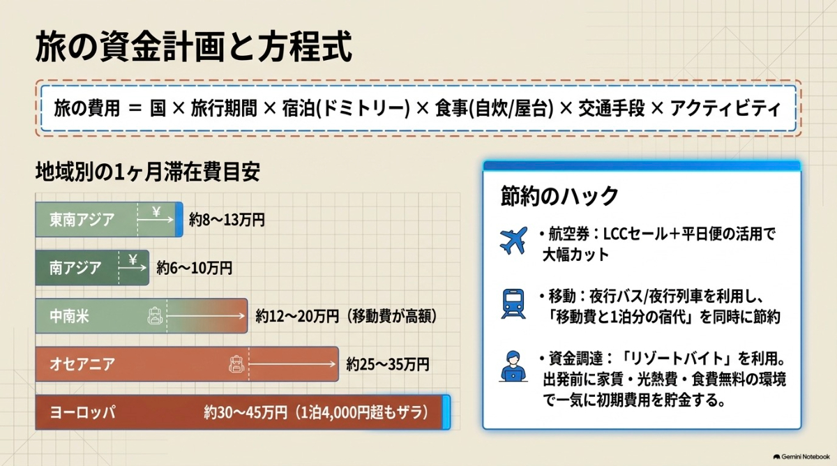 1ヶ月の滞在費目安と節約のポイントを紹介したスライド