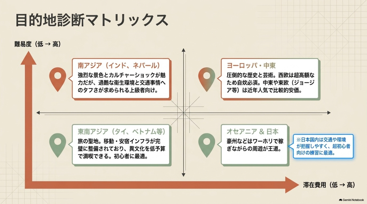東南アジア、南アジア、ヨーロッパ・中東、オセアニア・日本国内などエリア別の特徴を示したマトリクス図