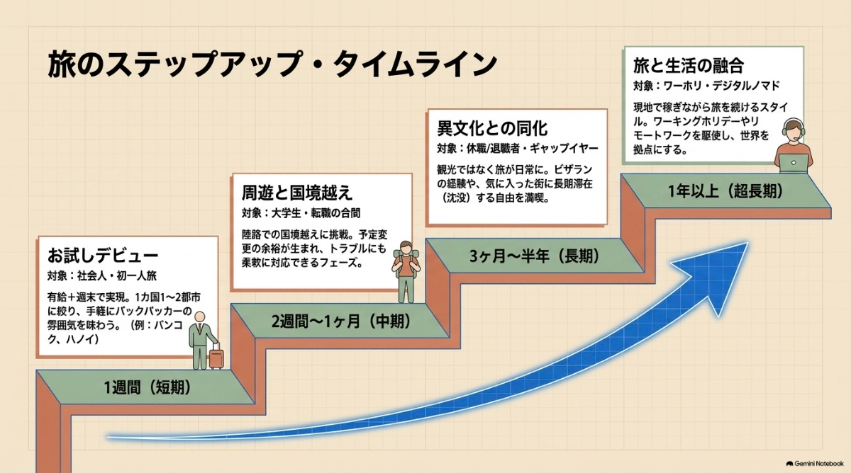 1週間のお試し短期から1年以上の超長期まで、対象者や特徴をまとめた期間別のタイムライン図
