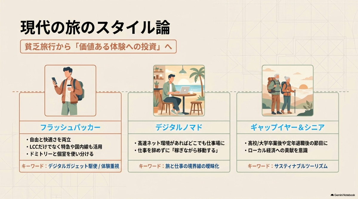 フラッシュパッカー、デジタルノマド、シニア＆ギャップイヤーなど多様化する現代の旅行スタイルの特徴