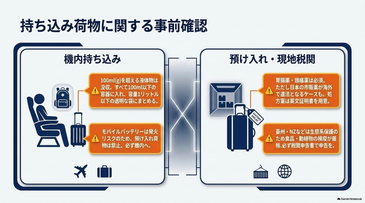 機内持ち込みにおけるルールと、預け入れ・現地税関での注意点を説明したスライド