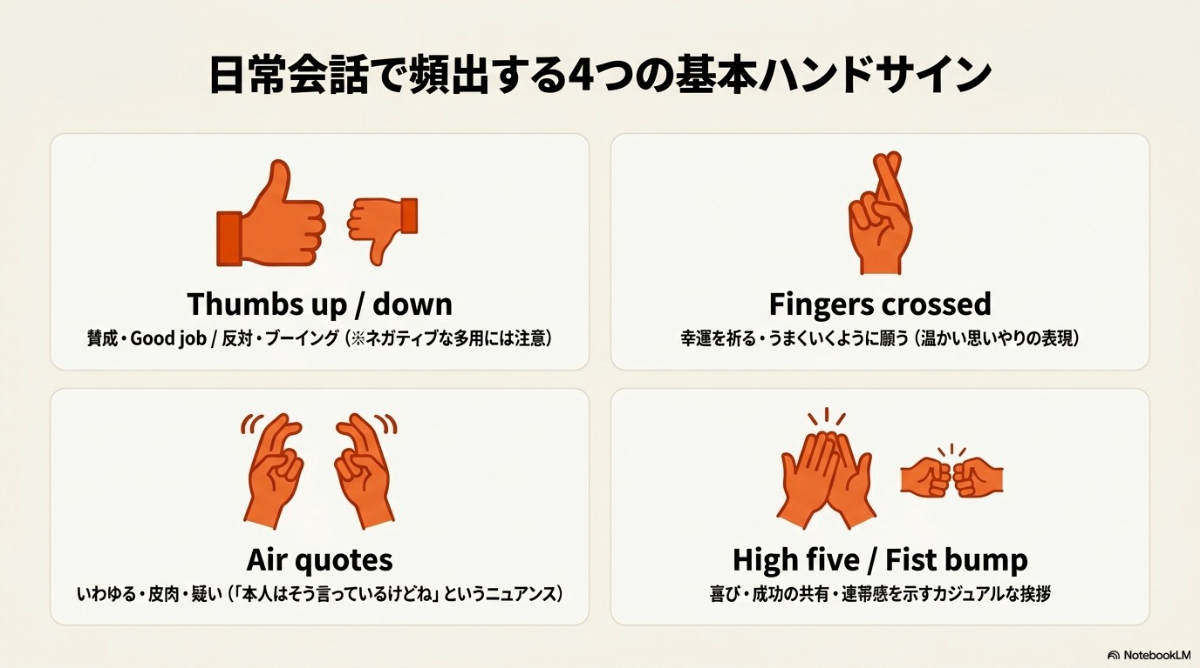 英語圏の日常会話で頻出する4つの基本ハンドサイン