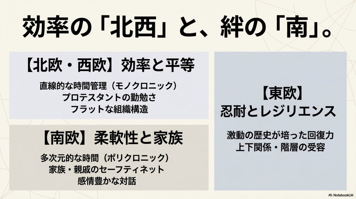 ヨーロッパ地域の文化の特徴を要約したスライド