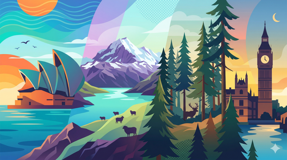 ワーキングホリデーで人気のあるオーストラリア、カナダ、ニュージーランド、イギリスの主要な観光地を視覚化したイラストマップ