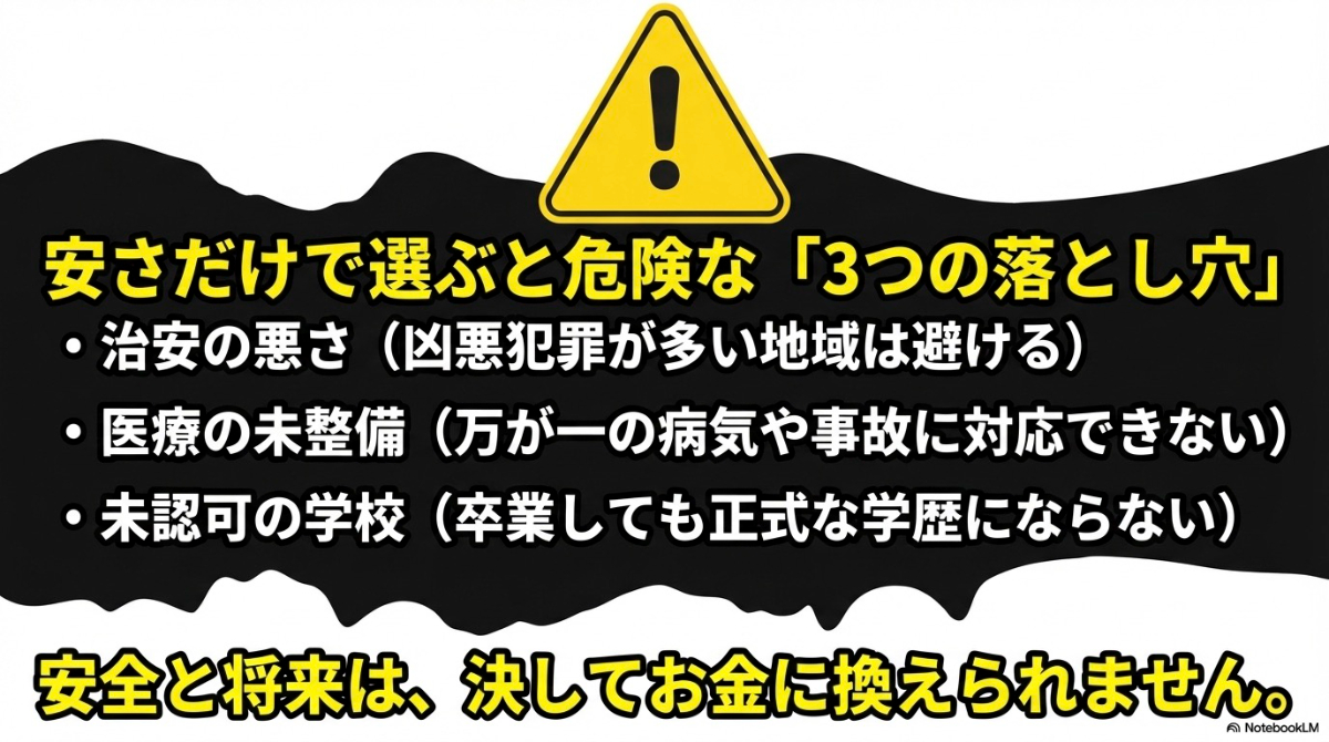 治安の悪さ、医療の未整備、未認可の学校といった、留学先を安さだけで選ぶリスクと注意点