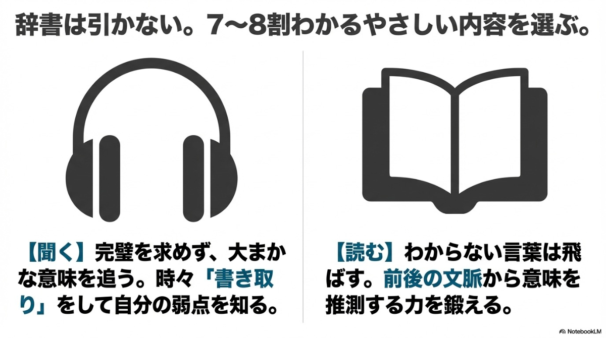ヘッドホンと本のアイコン。7〜8割わかるやさしい内容を選び、完璧を求めずに大まかな意味を推測する入力学習のポイント