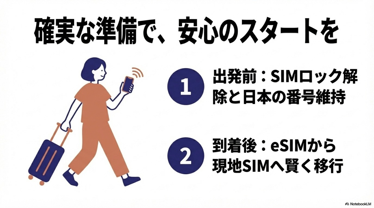 出発前のSIMロック解除や番号維持、到着後のeSIMから現地SIMへの移行など、確実な準備で海外生活をスタートするイメージ