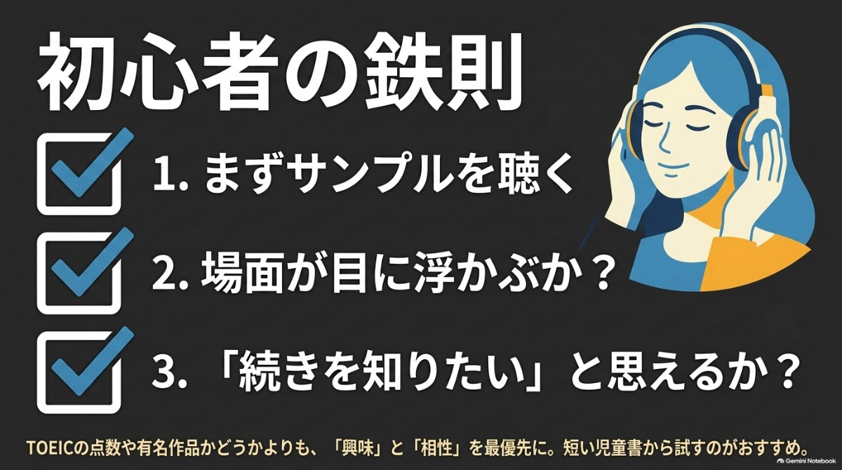 サンプルを聴いて場面が浮かぶか、続きを知りたいかを最優先にする初心者の作品選びの鉄則