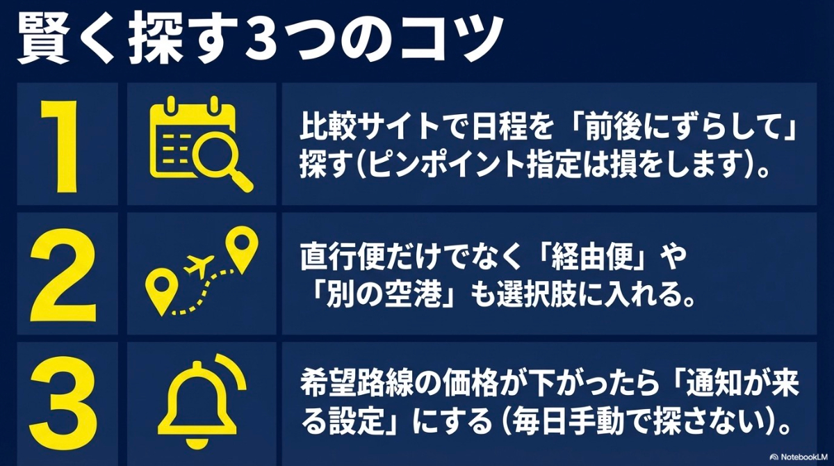 比較サイトで日程をずらして探す 、経由便や別の空港も選択肢に入れる 、価格が下がった際の通知設定を活用する という3つの探すコツをまとめたスライド 。