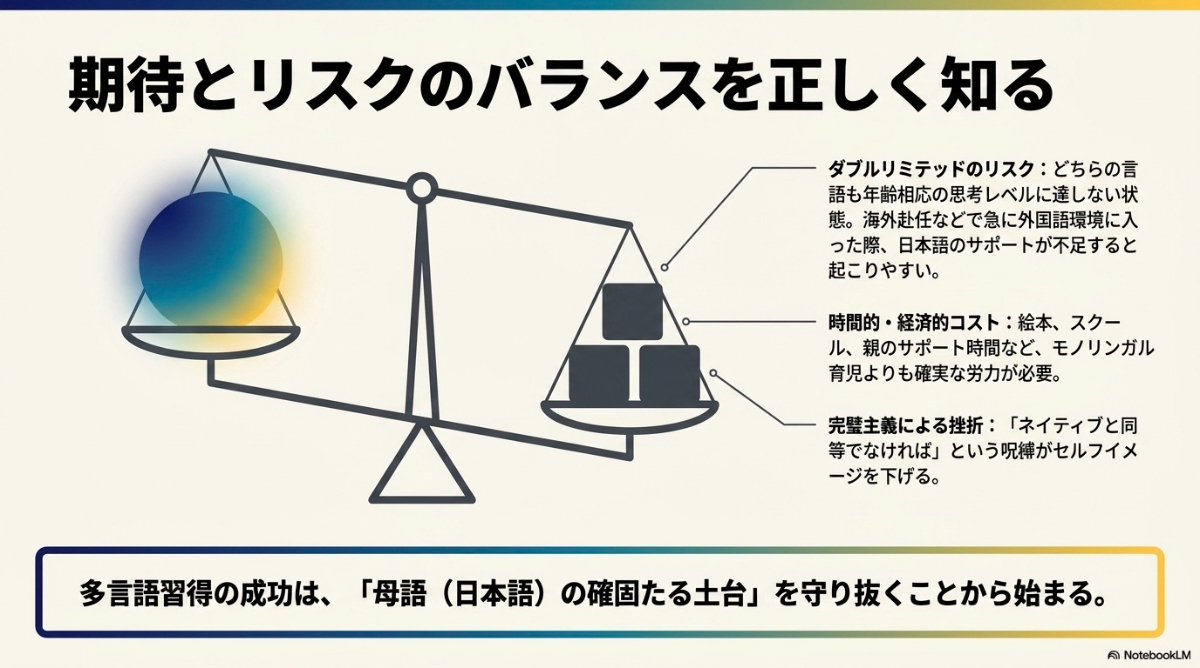 ダブルリミテッドのリスク、時間的・経済的コスト、完璧主義による挫折といった多言語習得における天秤の図