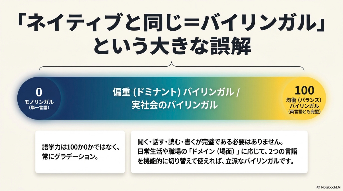 語学力は100か0かではなく、生活場面に応じて使い分けるグラデーションであることを示す図
