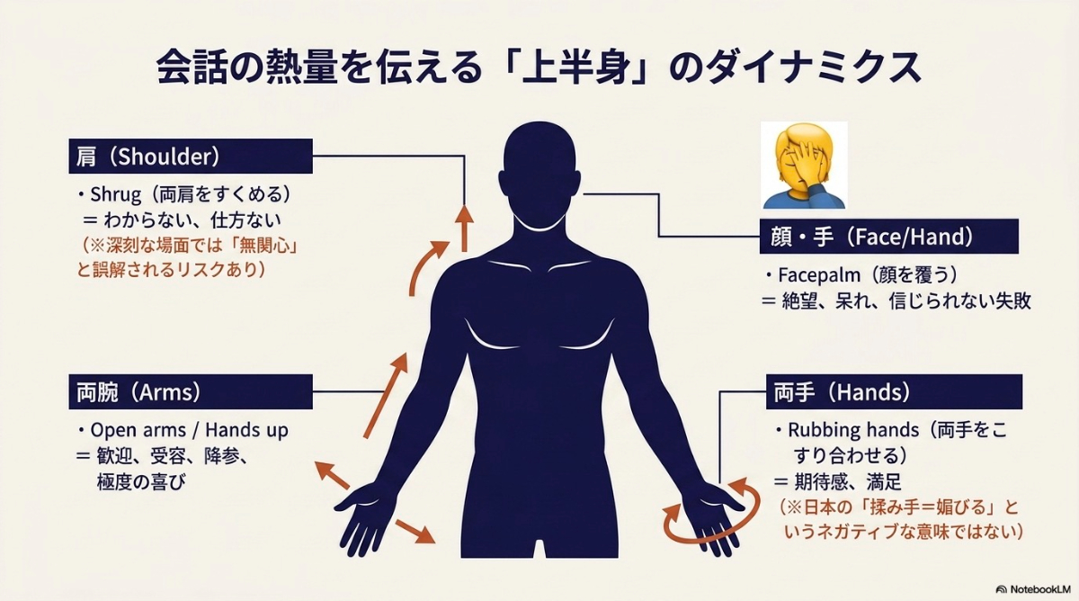腕や上半身で感情を表現するジェスチャーの具体例
