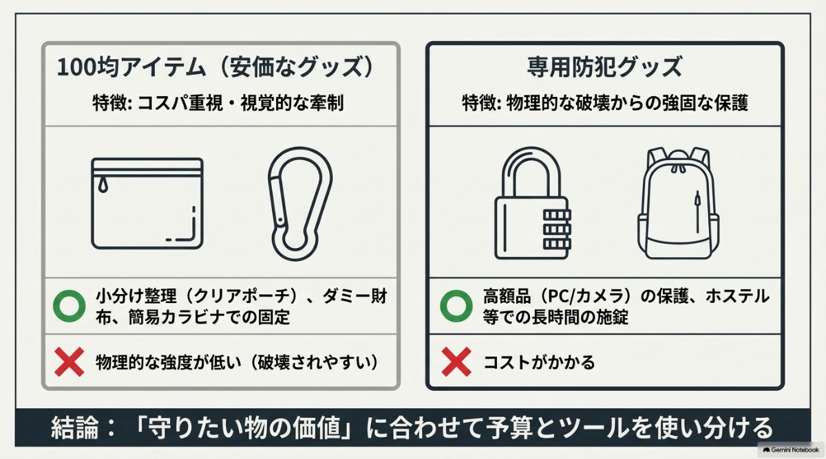 コスパ重視の安価なアイテムと、専用防犯グッズの用途や使い分けの比較
