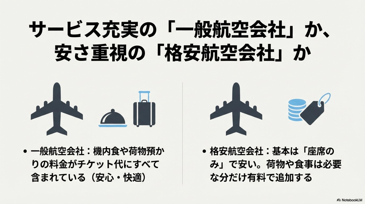 飛行機のシルエット図。機内食や荷物預かりの料金がチケット代に含まれている「一般航空会社」と、基本は座席のみで安い「格安航空会社」の違いを比較したスライド 。