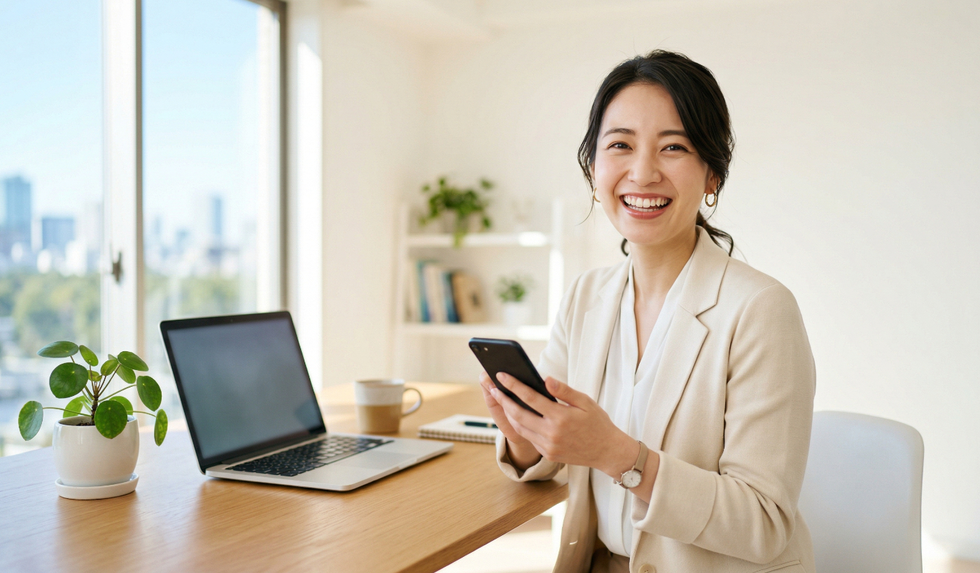 晴れやかな表情で最初のレッスンを始めようとしている日本人の女性