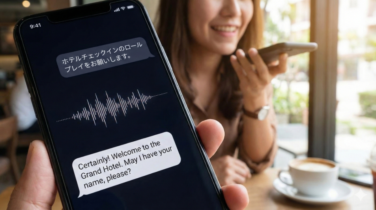 スマートフォンのChatGPTアプリを使って、AIとホテルのチェックインを想定した英会話ロールプレイを行っている様子。