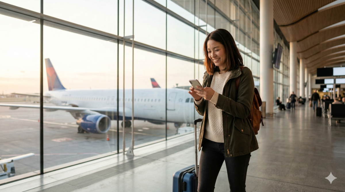 海外の空港に到着してスマートフォンを確認する日本人女性の様子