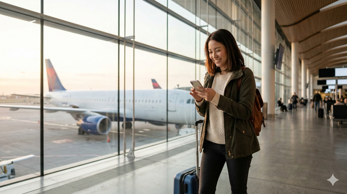 海外旅行を計画する日本人女性が空港でスマートフォンを見て笑顔になる様子。飛行機が窓の外に見える。