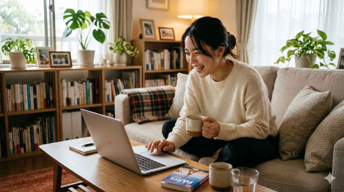 日本人女性がリビングでパソコンを使い、初めての海外航空券を検索している様子。笑顔でワクワクした表情。