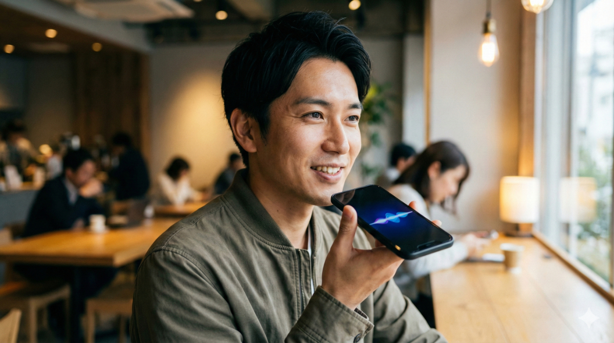 スマートフォンの画面に向かって、AI(ChatGPTなど)と英語で会話練習をしている日本人男性。画面にはAIとの対話インターフェースが表示され、手軽に英会話練習ができる様子を表現。