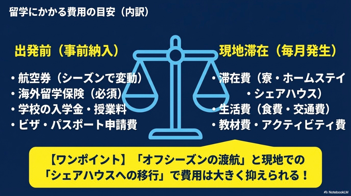留学にかかる費用を、出発前の事前納入（航空券、保険、学費、ビザ）と、現地滞在時の毎月発生費用（滞在費、生活費、教材等）に分けた内訳図。