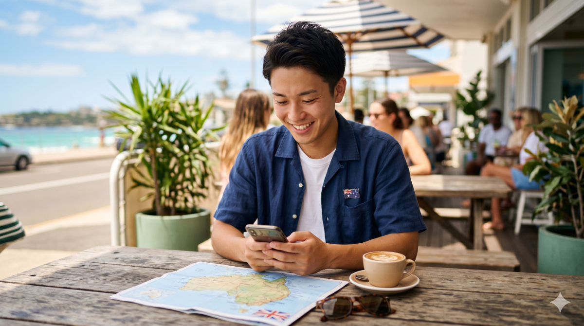 オーストラリアのカフェでSIMを快適に利用している日本人男性の様子