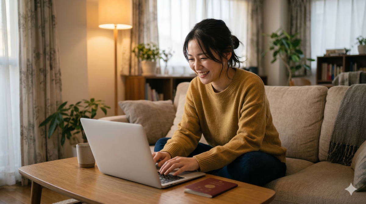 自宅のパソコンで複数都市を巡る海外航空券を検索・予約する日本人女性