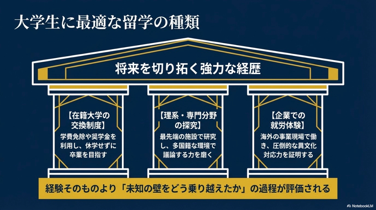 大学生に最適な留学として「在籍大学の交換制度」「理系・専門分野の探究」「企業での就労体験」の3つの柱を示した図解。