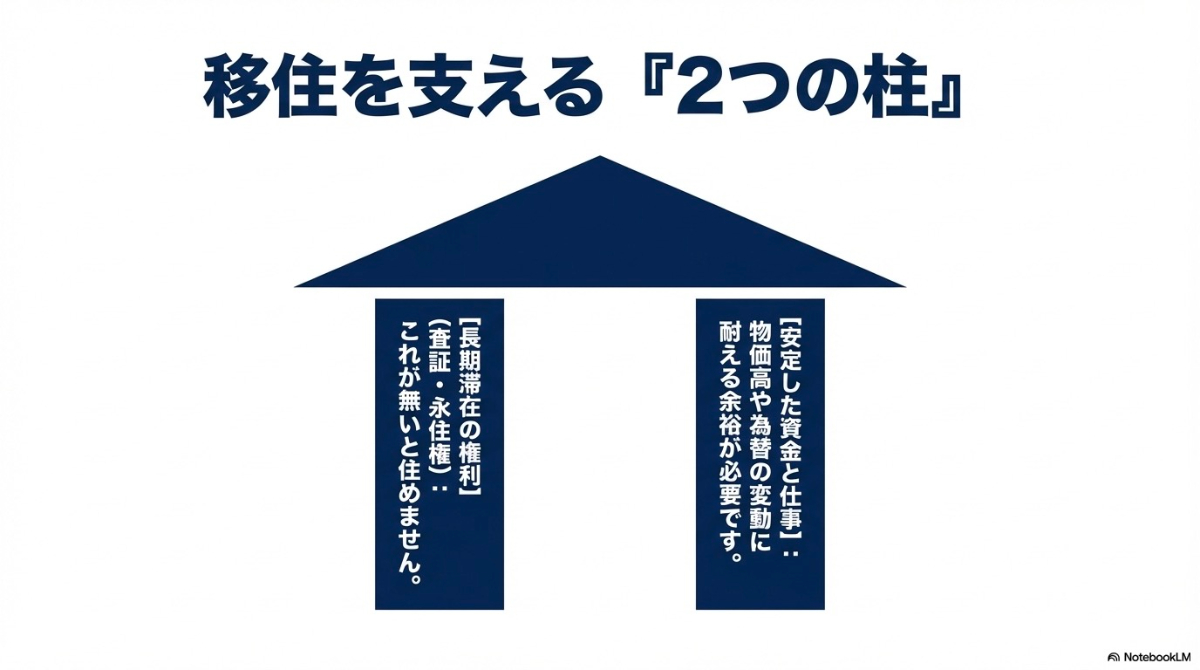 海外移住を支える2つの柱である「安定した資金と仕事」と「長期滞在の権利（査証・永住権）」の重要性を解説したスライド。