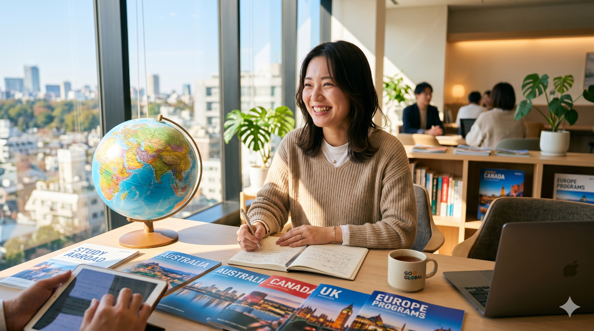 エージェントに相談して不安が解消され、明るい未来に向けて準備を進めている様子を表現