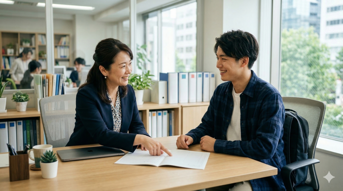 留学エージェントのオフィスでカウンセリングを受けている様子