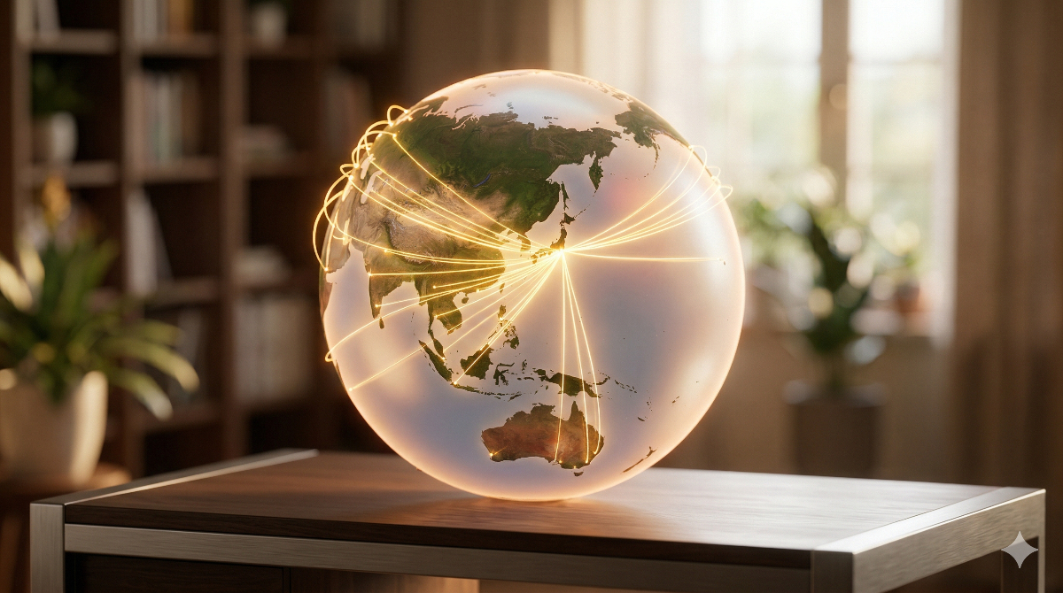 日本を中心に、世界中の国々と光のラインで繋がっている地球儀を描写し、友好的な国際関係を表現。