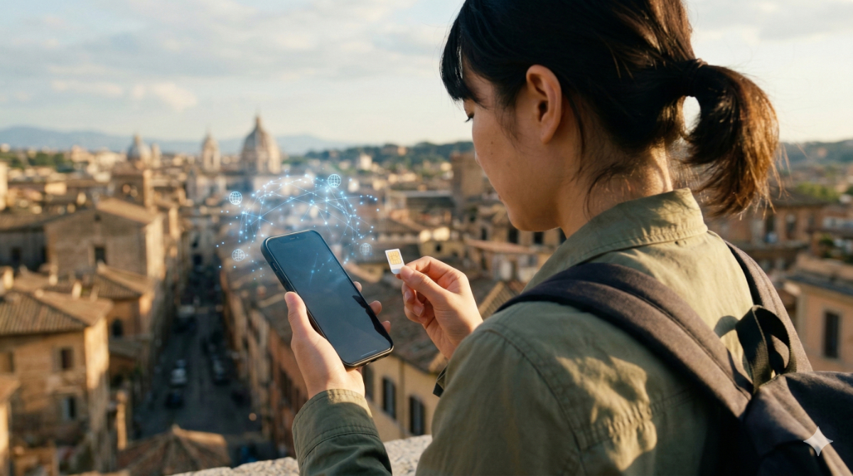 海外の現地で、スマートフォンのeSIMとSIMカードを比べている日本人女性のイメージ