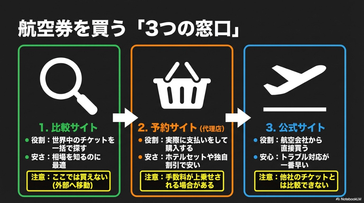 比較サイト、予約サイト、公式サイトという航空券を買う3つの窓口の役割と特徴をまとめた図解