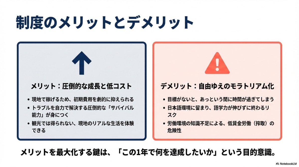 ワーホリの圧倒的な成長や低コストといったメリットと、モラトリアム化や低賃金労働のリスクといったデメリットの図解