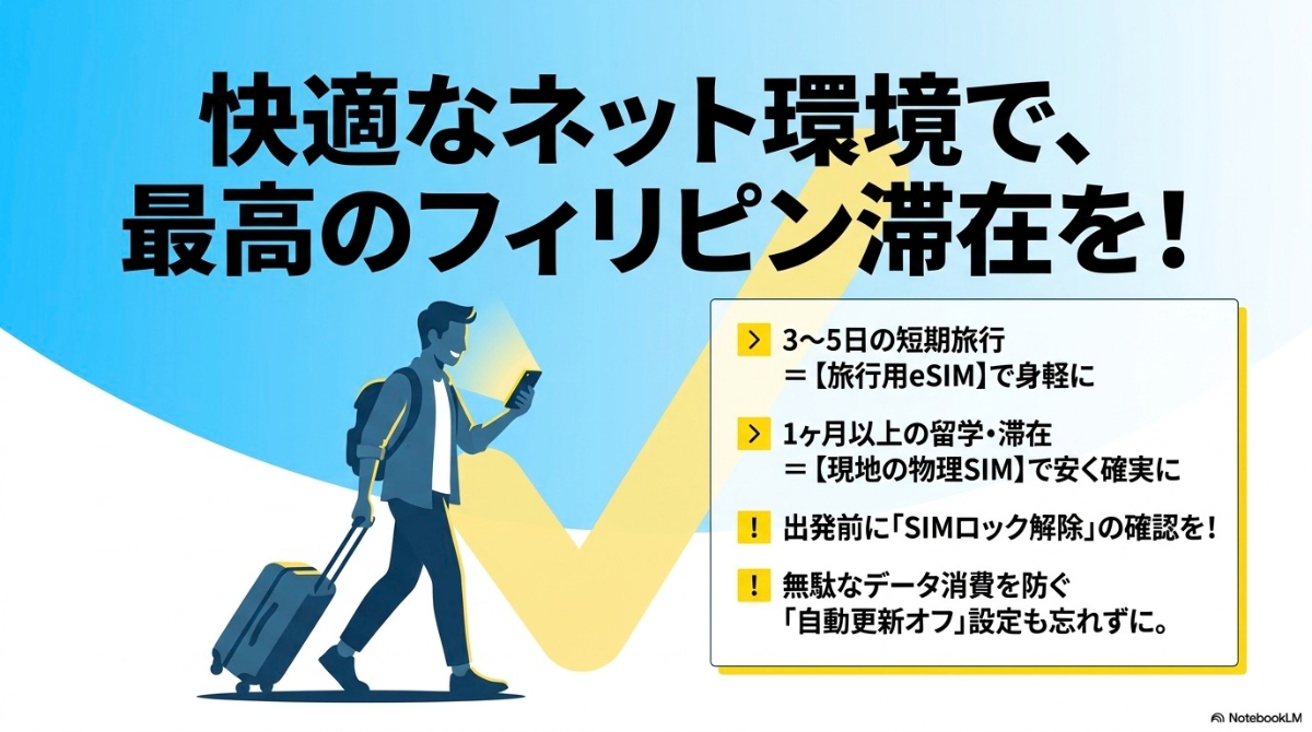 短期旅行のeSIMと長期滞在の現地キャリアSIMの結論に加え、出発前の確認事項を促す総括スライド