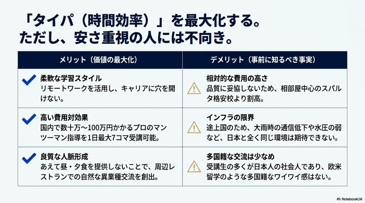 柔軟な学習スタイルなどのメリットと相対的な費用の高さなどのデメリット比較