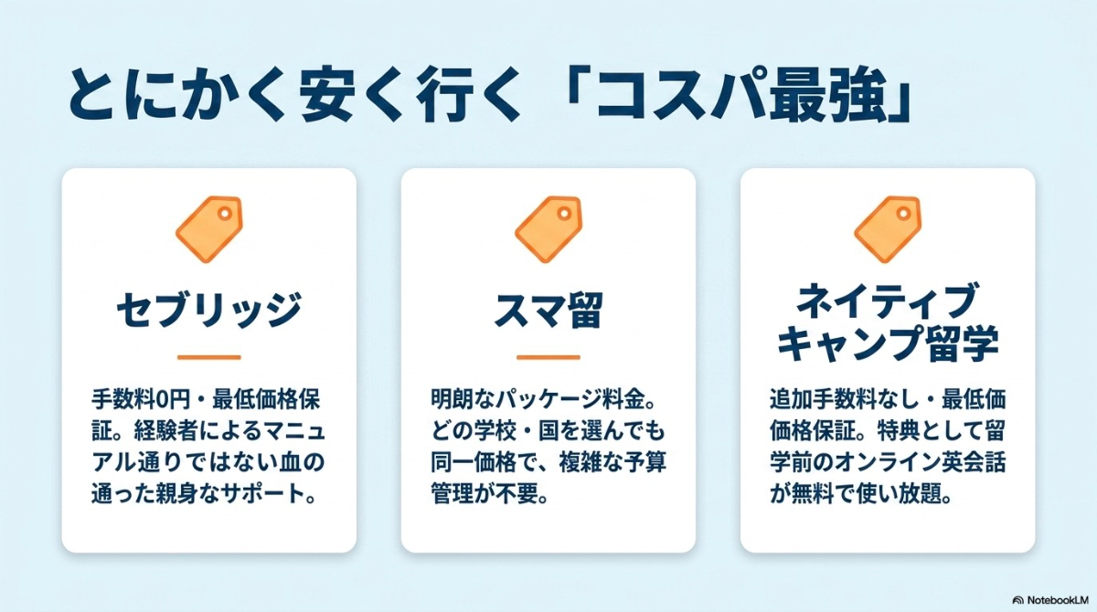 フィリピン留学の費用を抑えるコスパ最強エージェント（セブリッジ、スマ留、ネイティブキャンプ留学）