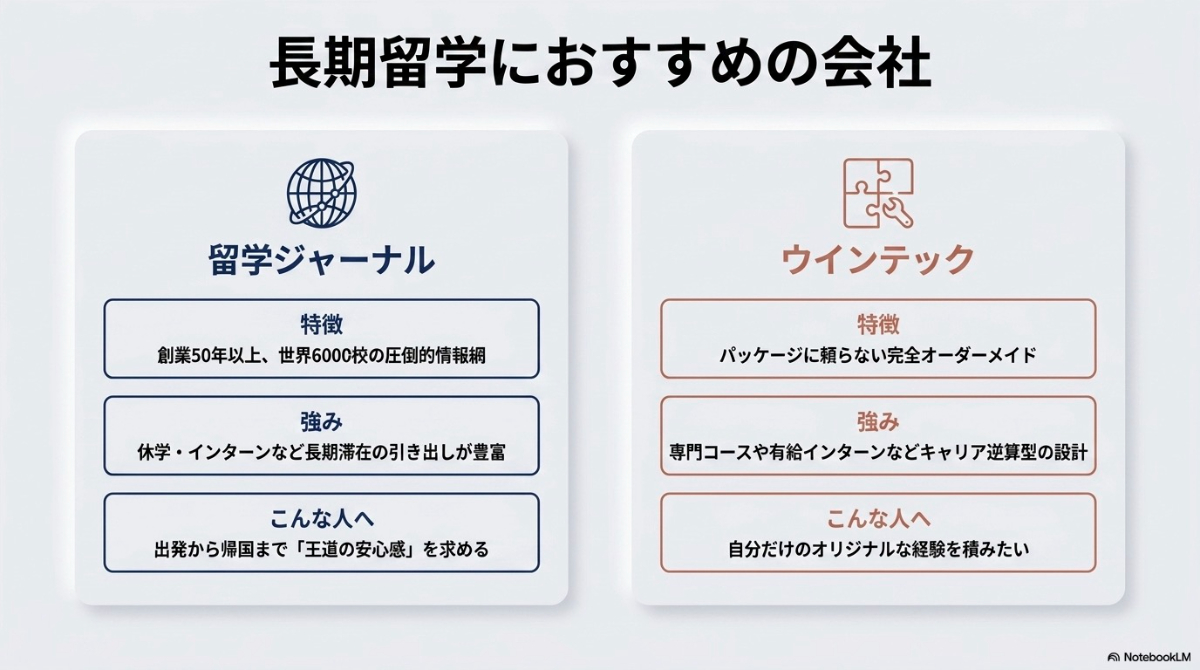 留学ジャーナルとウインテックの特徴と強みを比較した、長期留学におすすめの会社スライド