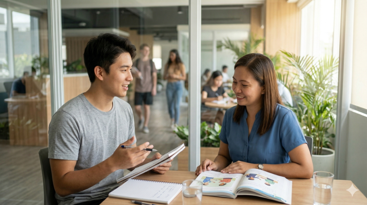 フィリピン、セブ島の語学学校のリゾート風のオープンスペースで、生徒が現地のフィリピン人講師と一対一で英会話レッスンを受けている様子。