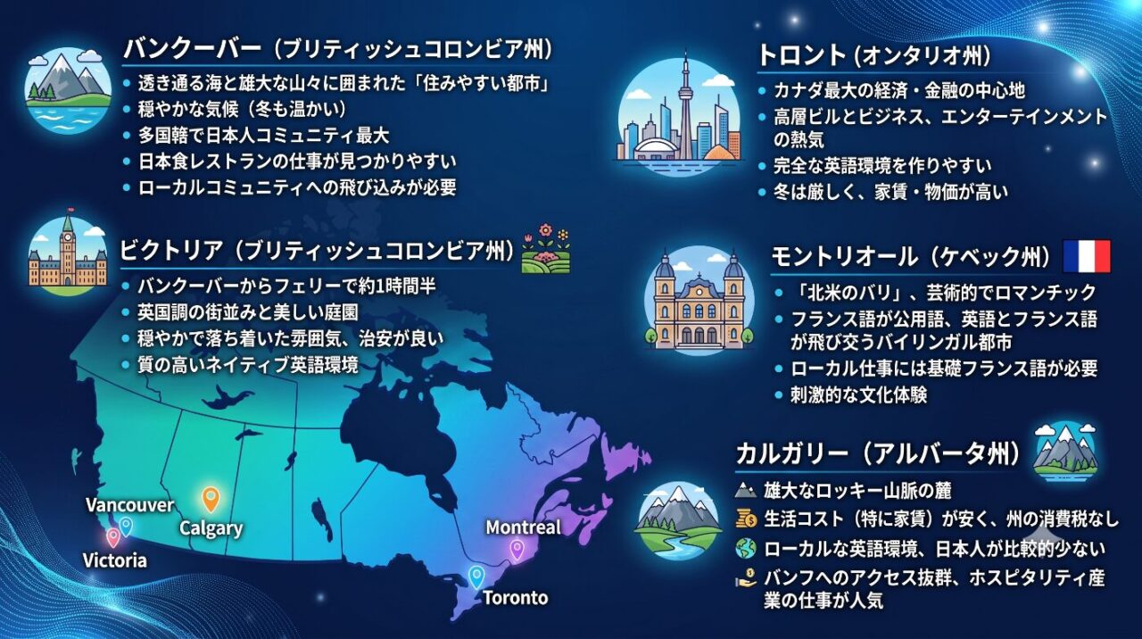 カナダワーホリに人気の主要5都市(バンクーバー、トロント、カルガリー、モントリオール、ビクトリア)の特徴マップ