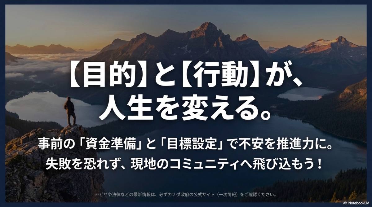 事前準備と目標設定の重要性を伝えるカナダワーホリ総括スライド
