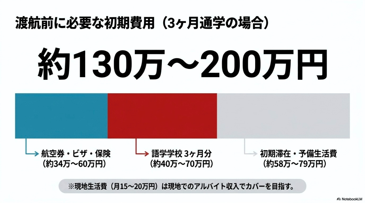 語学学校に3ヶ月通学する場合のカナダワーホリ初期費用目安の内訳スライド