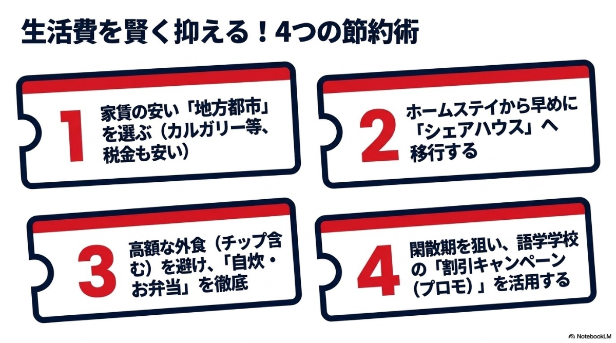 カナダでの生活費を抑えるための4つの節約術(地方都市選び、シェアハウス、自炊、学校の割引活用)のスライド