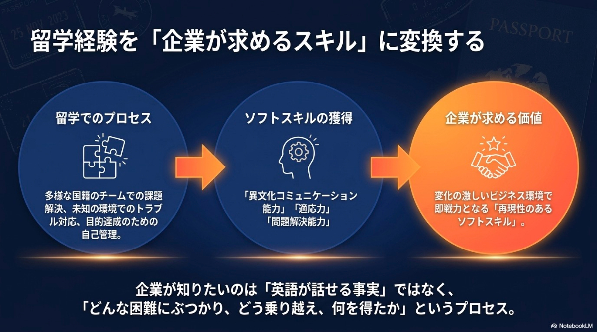 留学プロセスを企業が求める適応力や問題解決力などのソフトスキルに変換する図解