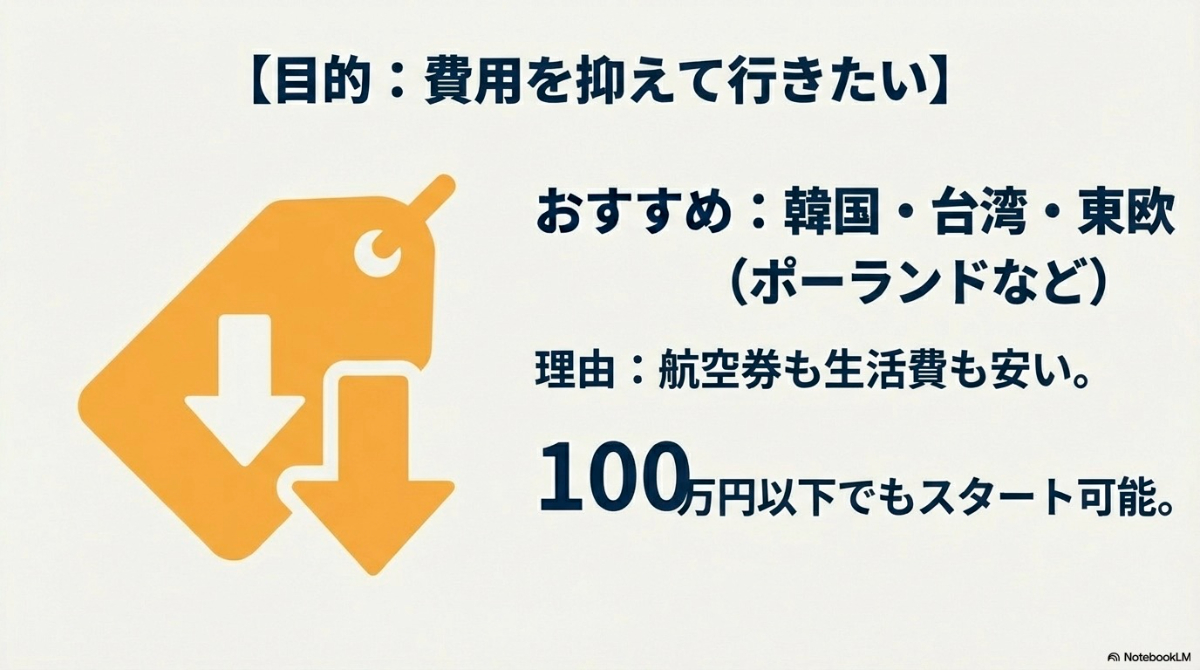 費用を抑えて行きたい人におすすめの国として韓国・台湾・東欧を紹介するイラスト。100万円以下でもスタート可能。