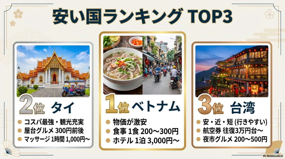 海外旅行で費用が安い国ランキングTOP3（1位ベトナム、2位タイ、3位台湾）を紹介するスライド