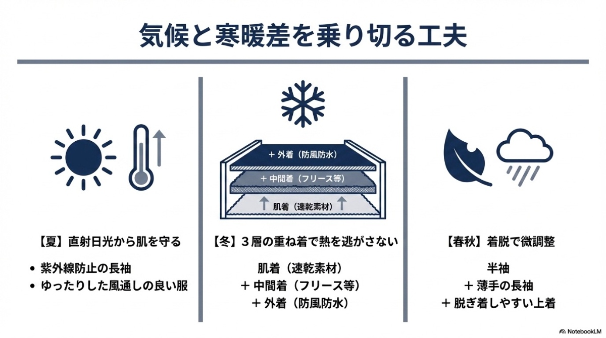 気候と寒暖差を乗り切るためのポイントを要約したスライド
