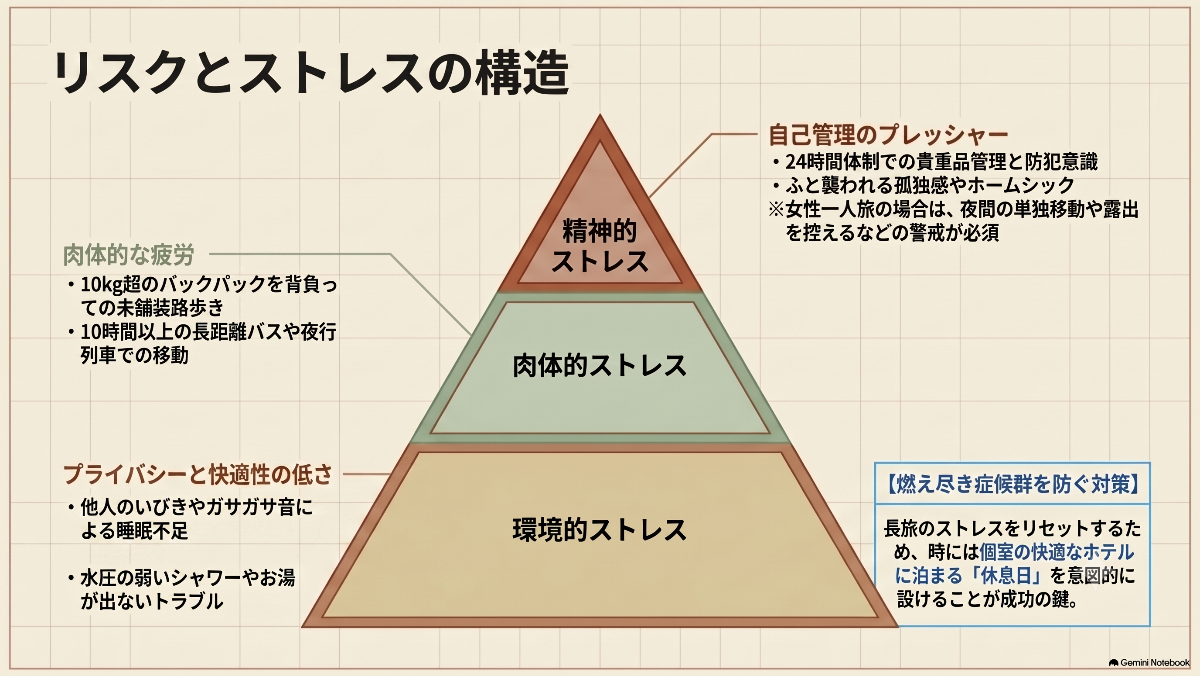 バックパッカー旅行におけるリスクやストレスの構造を示した図解
